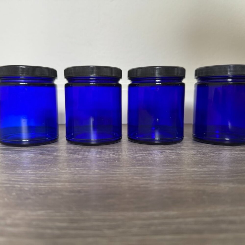 Blue Glass Jars with Black Plastic Lids | FOUR 8oz (250mL) Round Jars